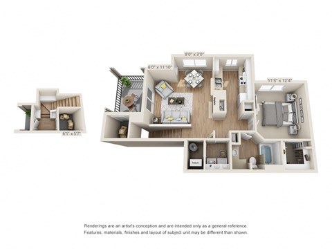 Floor plan for 1 bed, 1 bath, 847 sqft